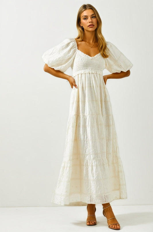 White Eyelet Puff Sleeve Maxi Dress with Smocked Bodice