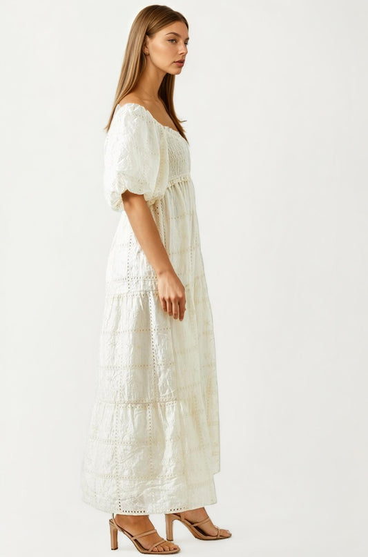 White Eyelet Puff Sleeve Maxi Dress with Smocked Bodice