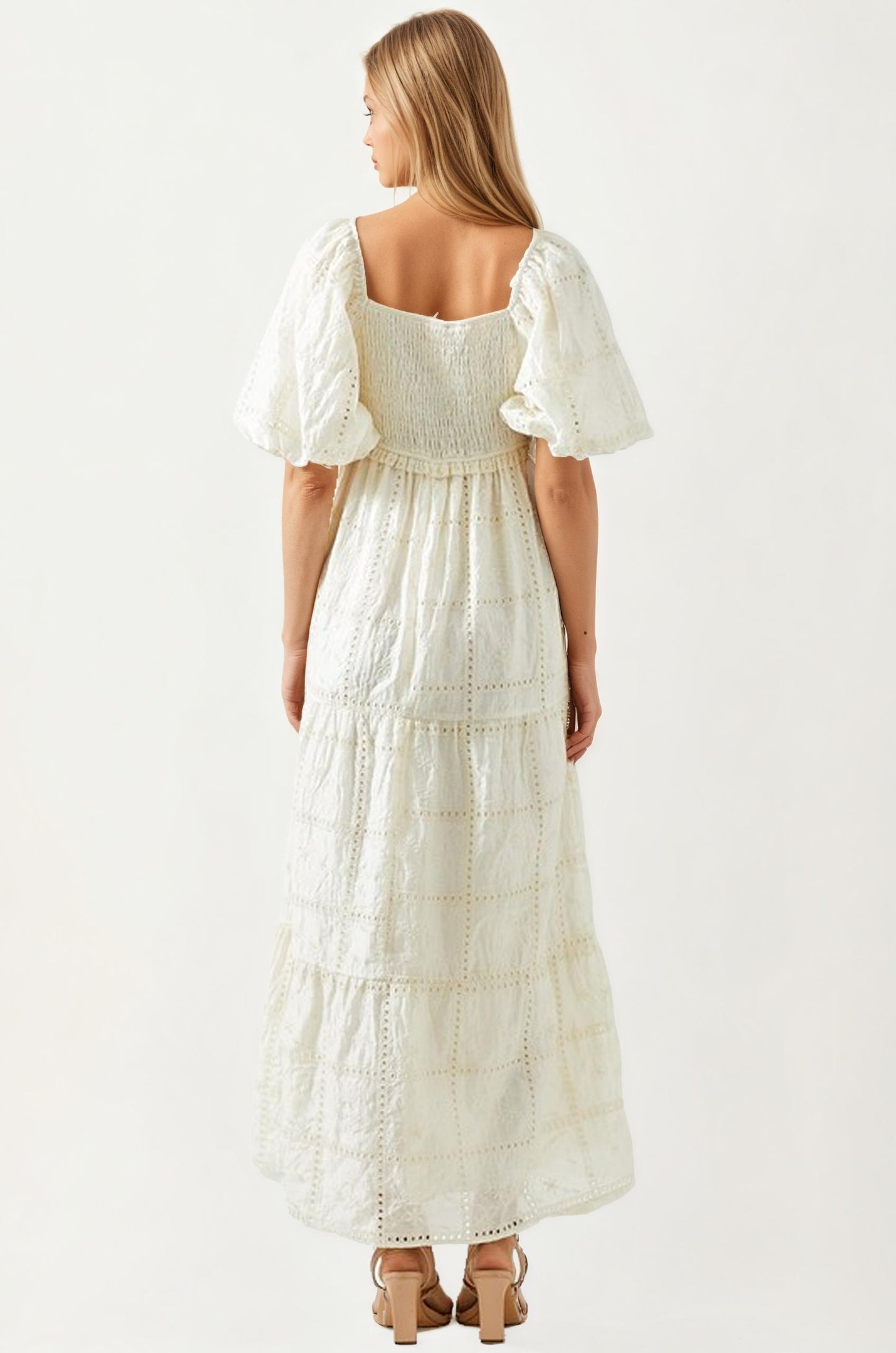 White Eyelet Puff Sleeve Maxi Dress with Smocked Bodice