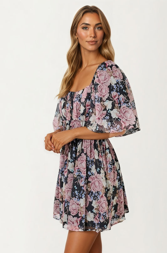 Puff Sleeve Floral Mini Dress with Smocked Waist