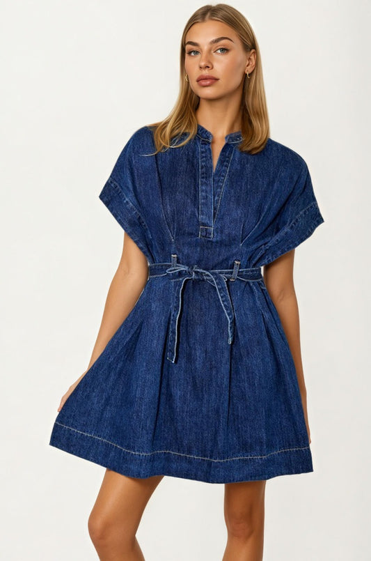 Belted Denim Mini Dress with V-Neckline