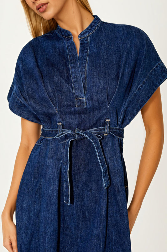 Belted Denim Mini Dress with V-Neckline