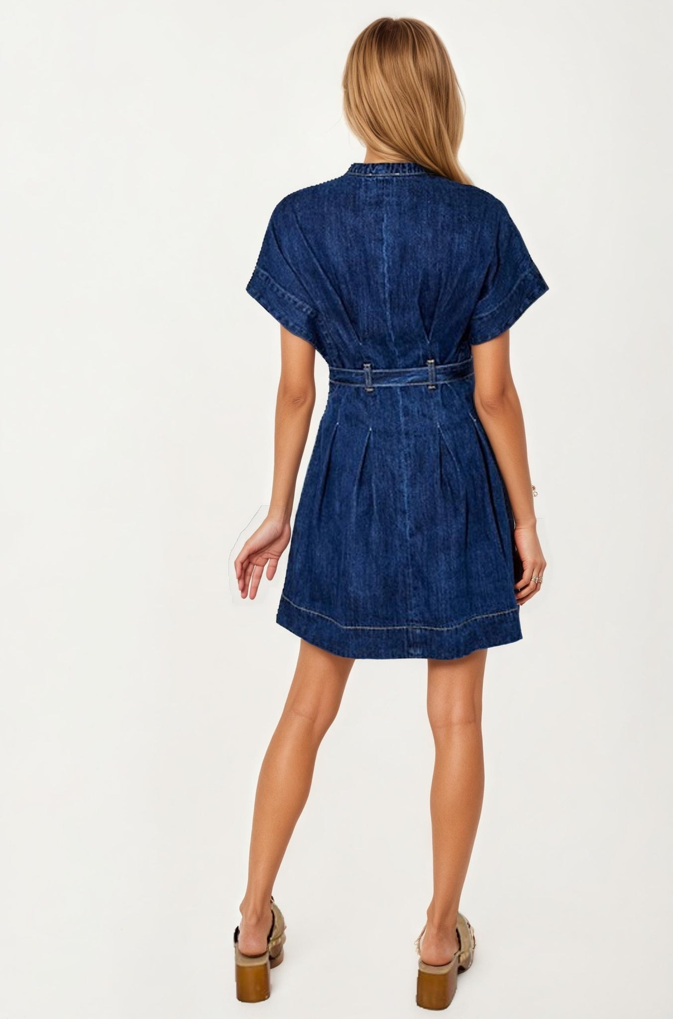 Belted Denim Mini Dress with V-Neckline