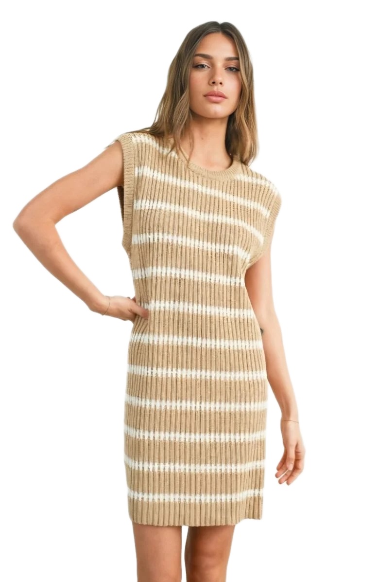 Beige and White Striped Sleeveless Knit Mini Dress