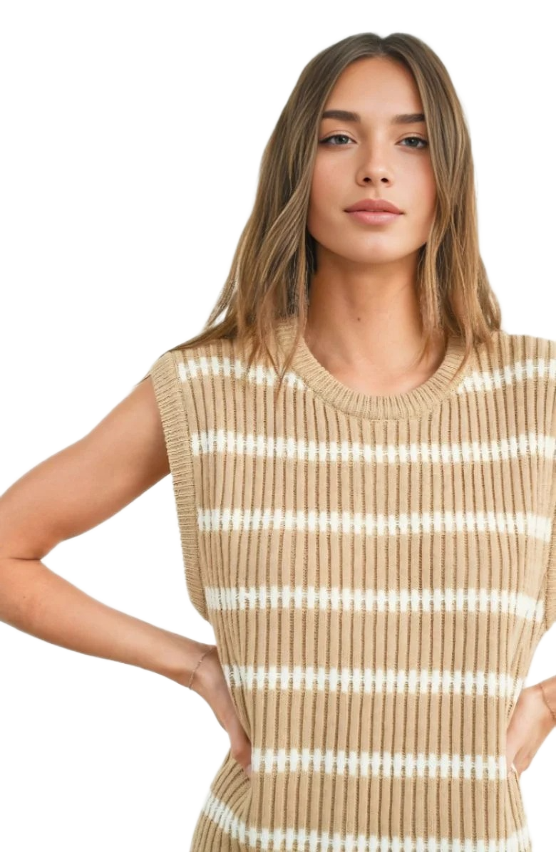 Beige and White Striped Sleeveless Knit Mini Dress