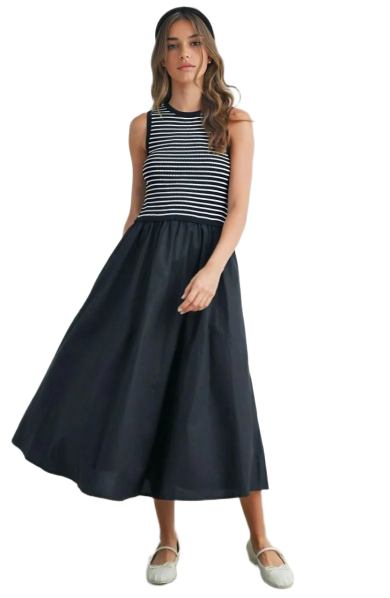 Black and White Striped Knit Top Woven Skirt Sleeveless Maxi Dress