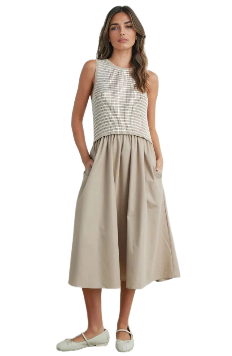 Sleeveless Beige Maxi Dress with Textured Knit Bodice