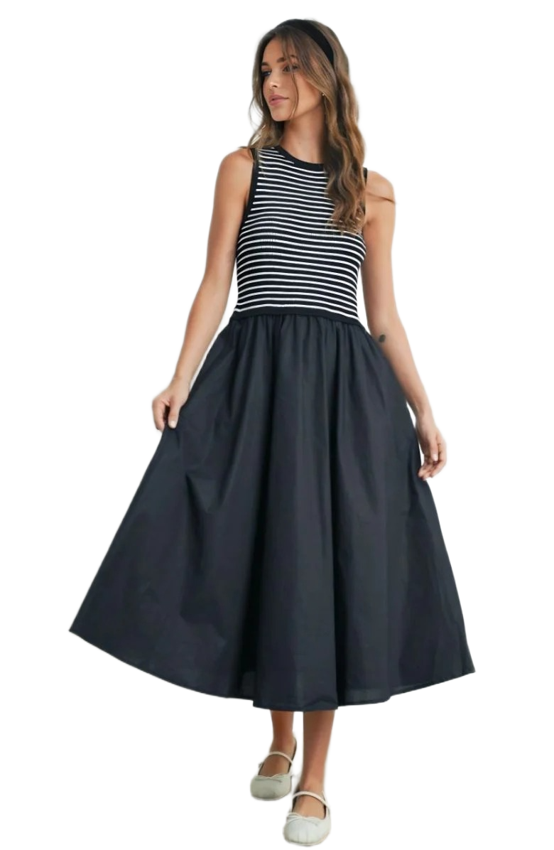 Black and White Striped Knit Top Woven Skirt Sleeveless Maxi Dress