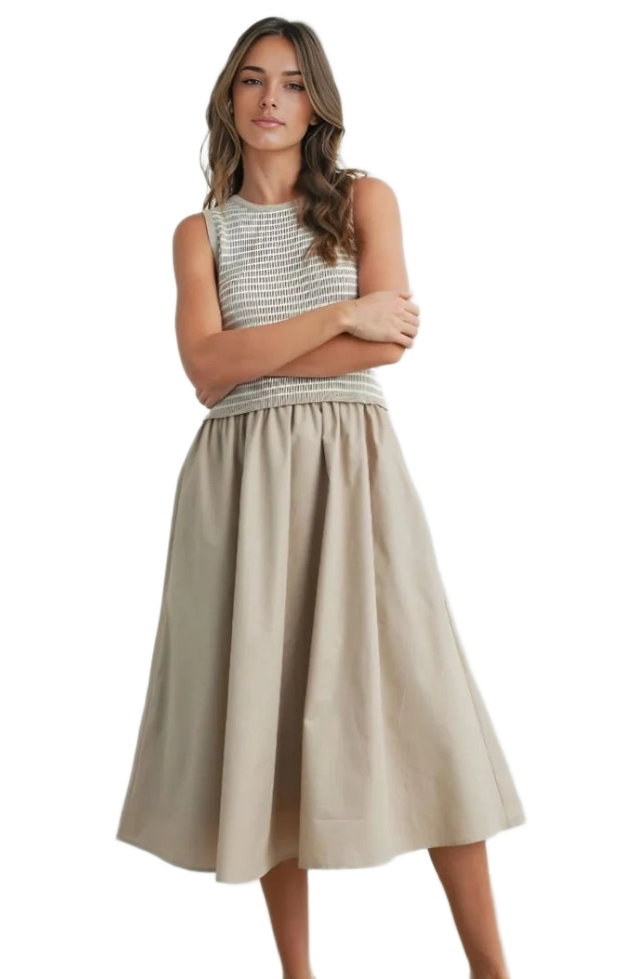 Sleeveless Beige Maxi Dress with Textured Knit Bodice
