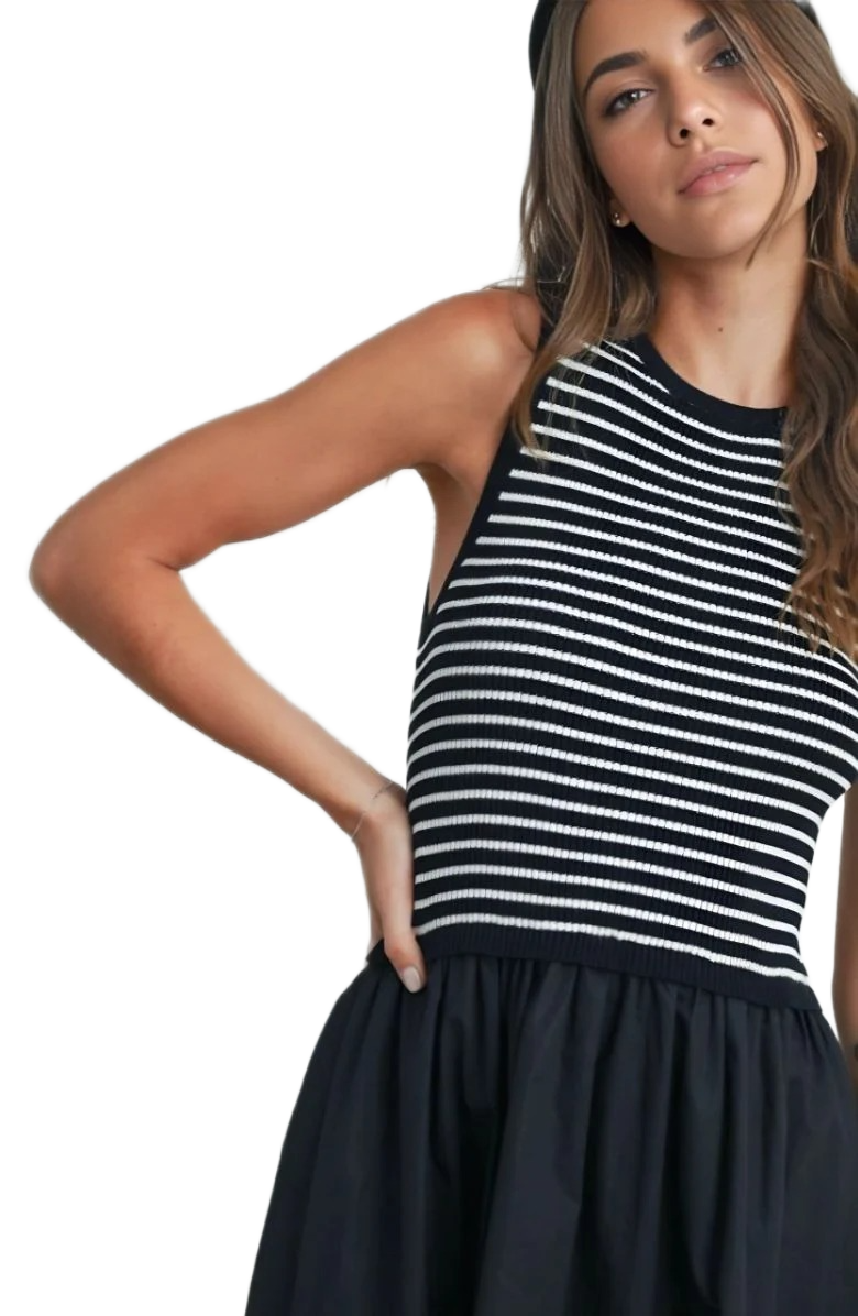 Black and White Striped Knit Top Woven Skirt Sleeveless Maxi Dress