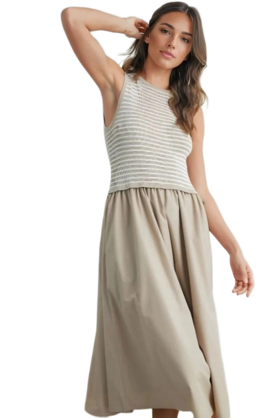 Sleeveless Beige Maxi Dress with Textured Knit Bodice