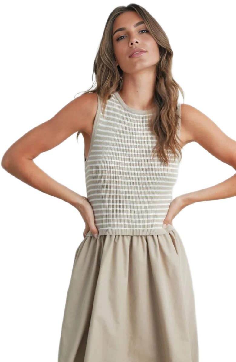 Sleeveless Beige Maxi Dress with Textured Knit Bodice