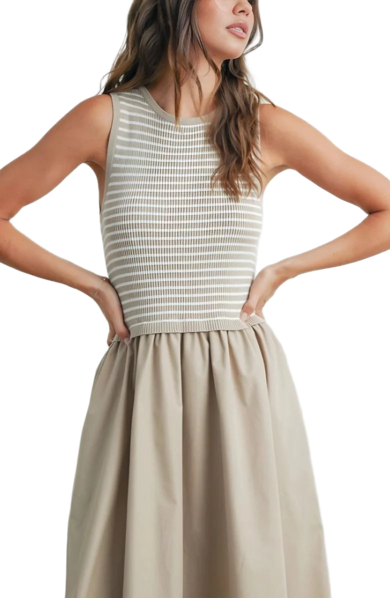 Sleeveless Beige Maxi Dress with Textured Knit Bodice