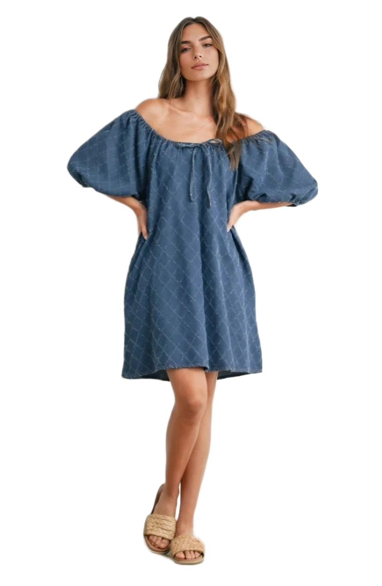 Denim Blue Mini Dress with Puff Sleeves and Tie Neckline