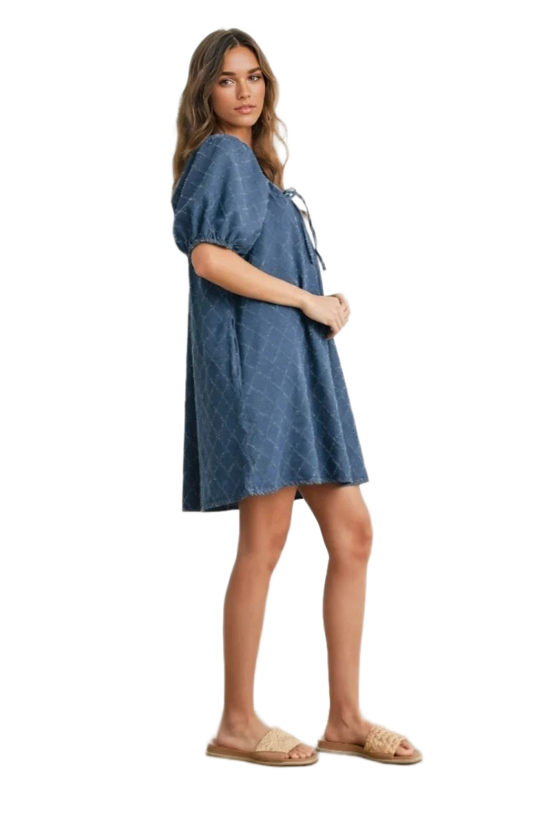 Denim Blue Mini Dress with Puff Sleeves and Tie Neckline