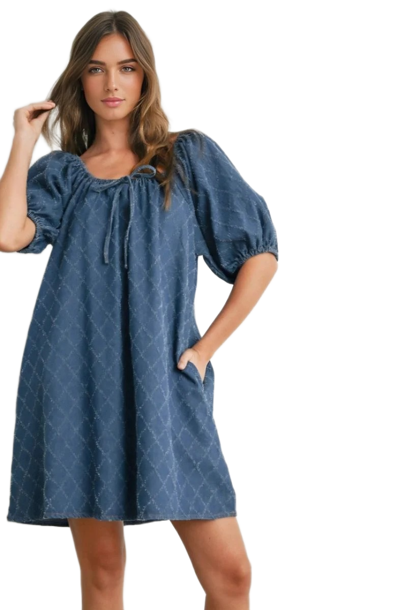 Denim Blue Mini Dress with Puff Sleeves and Tie Neckline