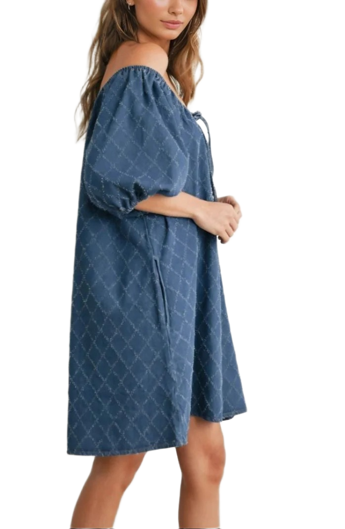 Denim Blue Mini Dress with Puff Sleeves and Tie Neckline