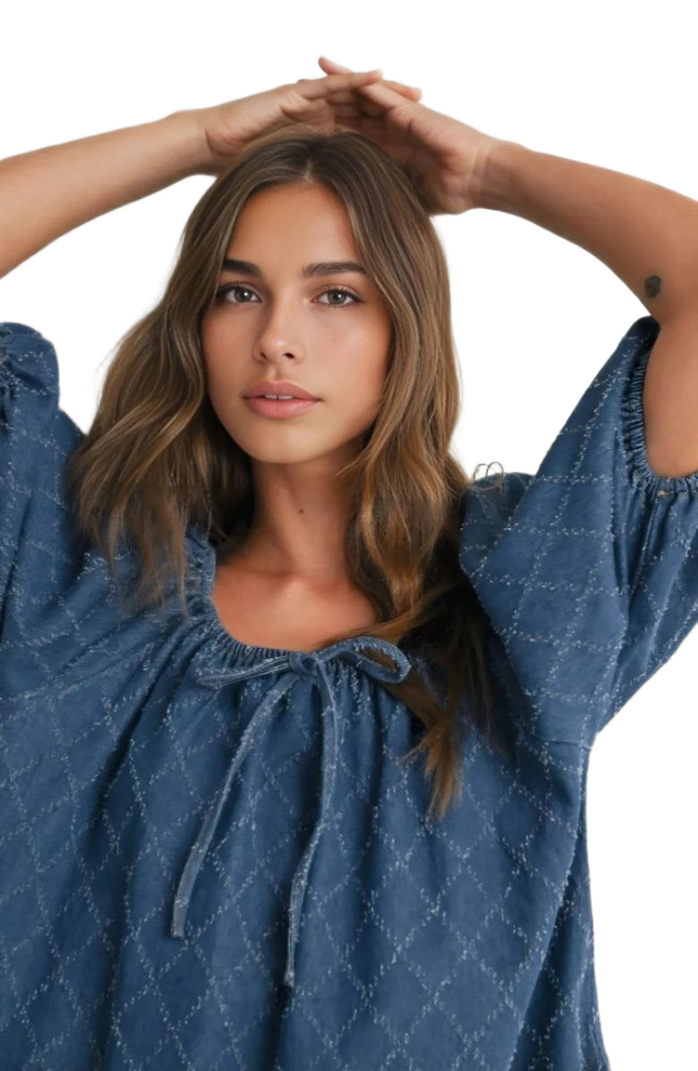 Denim Blue Mini Dress with Puff Sleeves and Tie Neckline