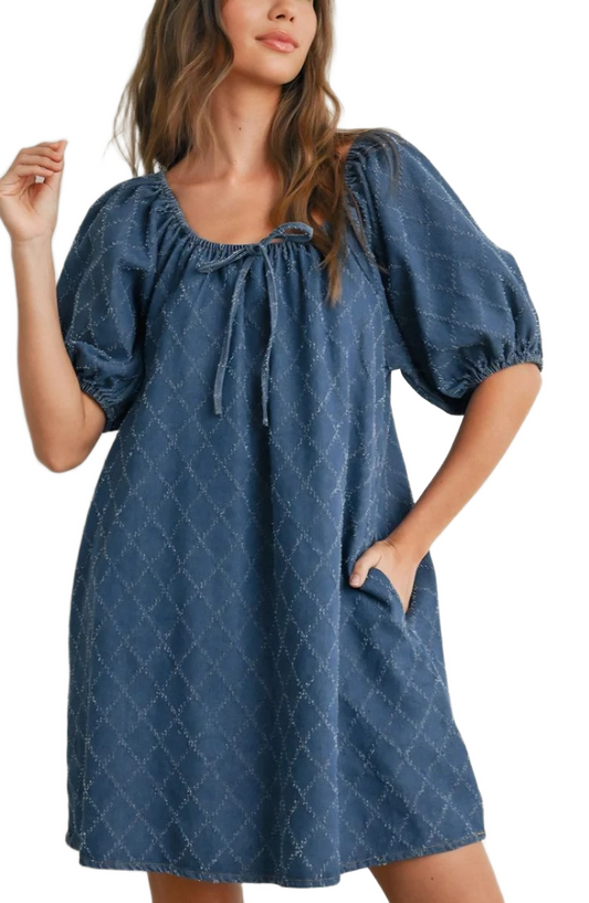 Denim Blue Mini Dress with Puff Sleeves and Tie Neckline