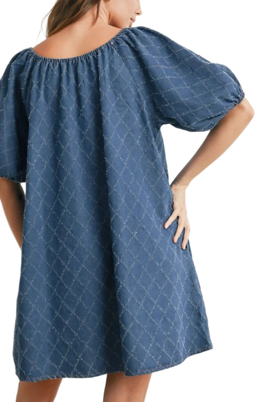 Denim Blue Mini Dress with Puff Sleeves and Tie Neckline