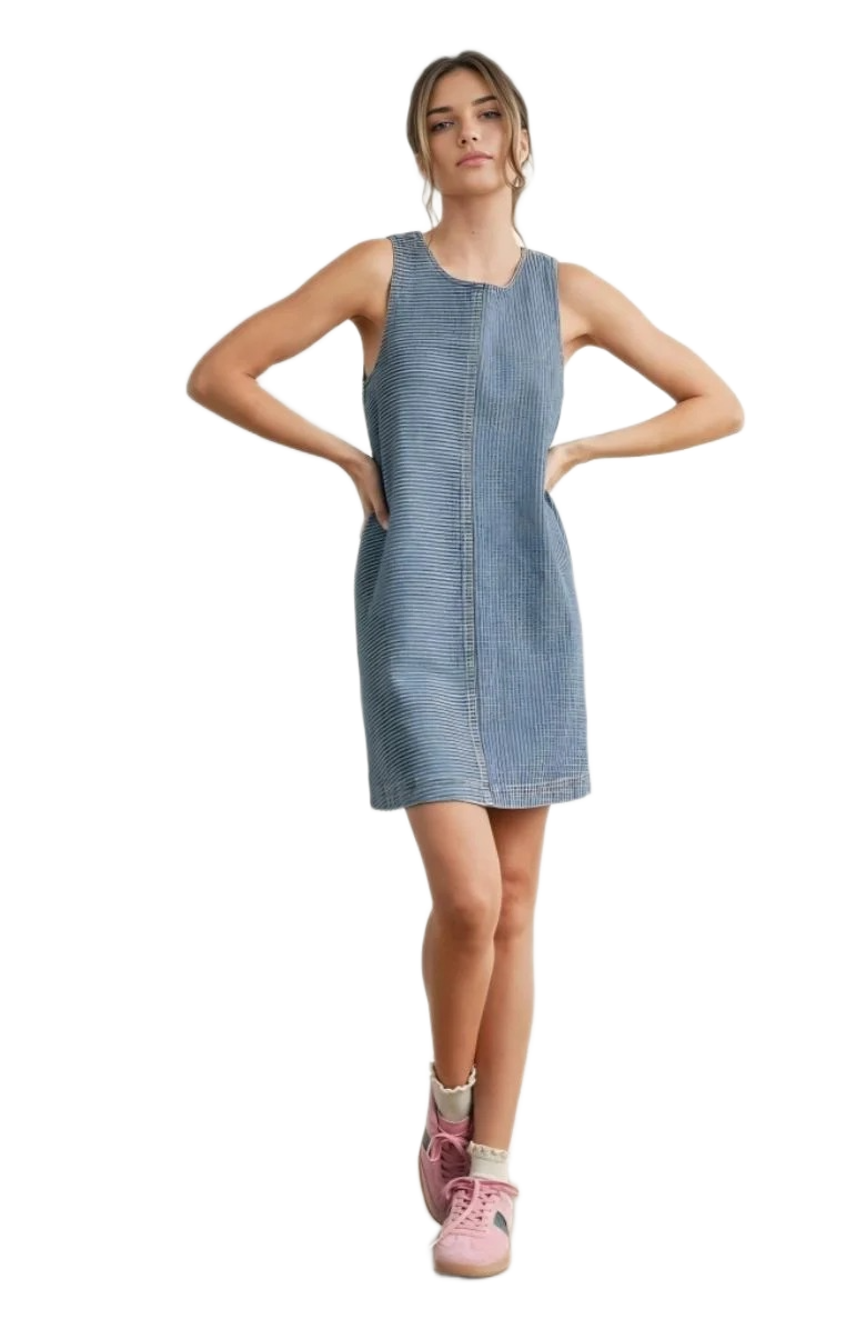 Sleeveless Denim Mini Dress with Textured Vertical Stripe Design
