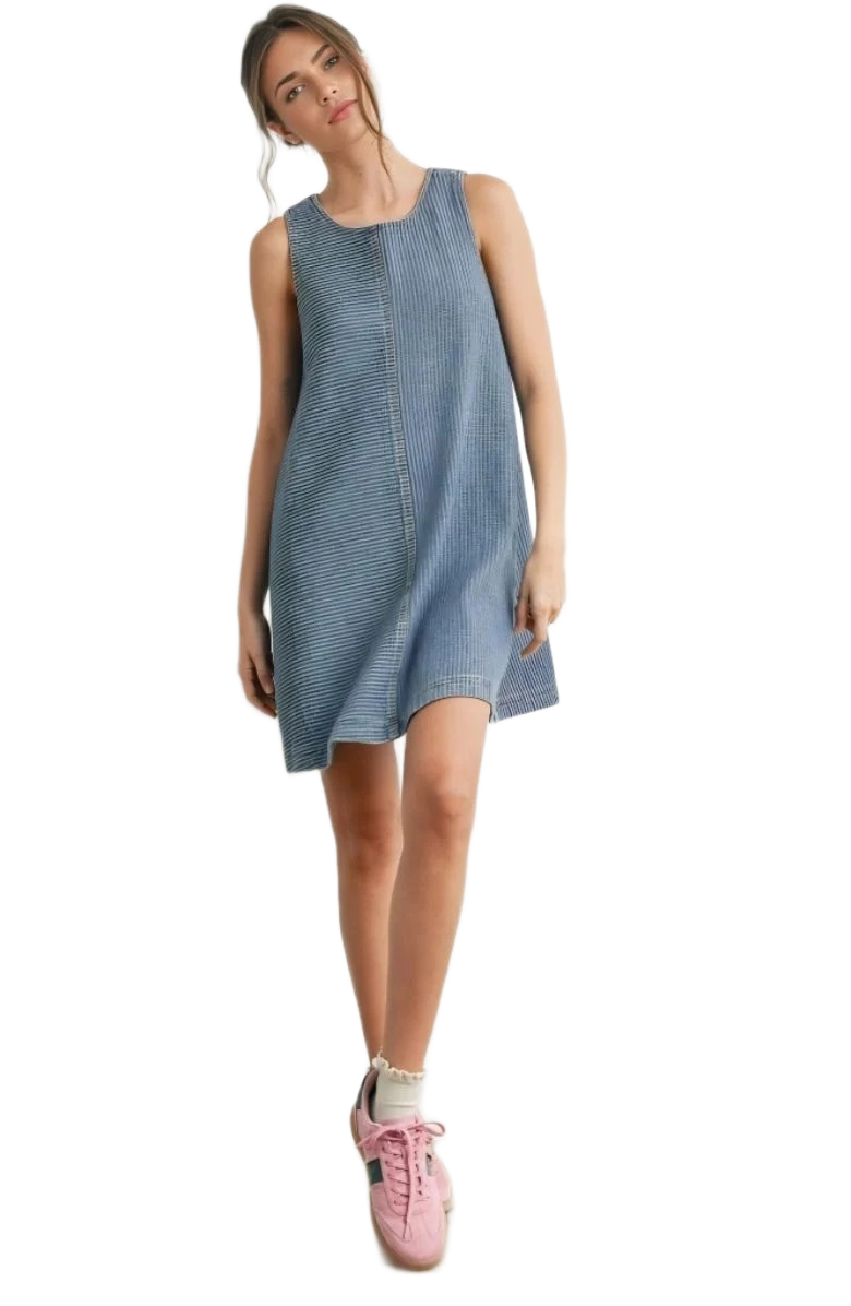 Sleeveless Denim Mini Dress with Textured Vertical Stripe Design