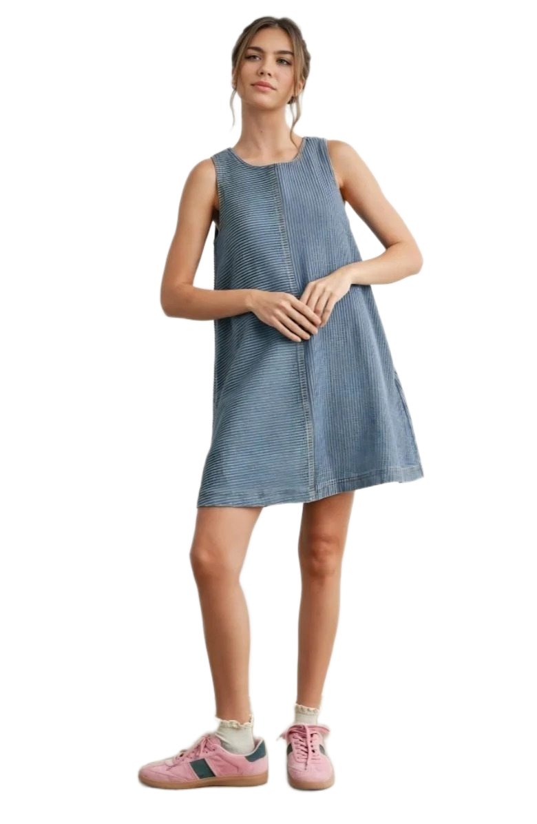 Sleeveless Denim Mini Dress with Textured Vertical Stripe Design