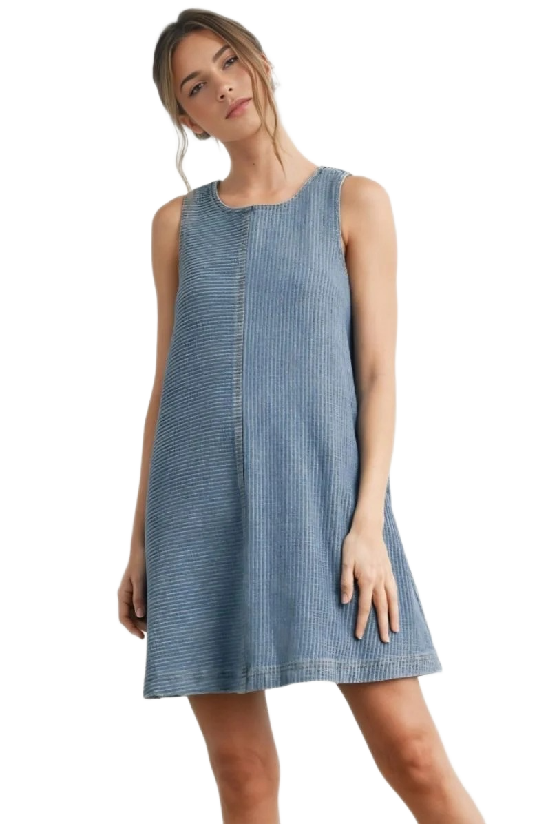 Sleeveless Denim Mini Dress with Textured Vertical Stripe Design