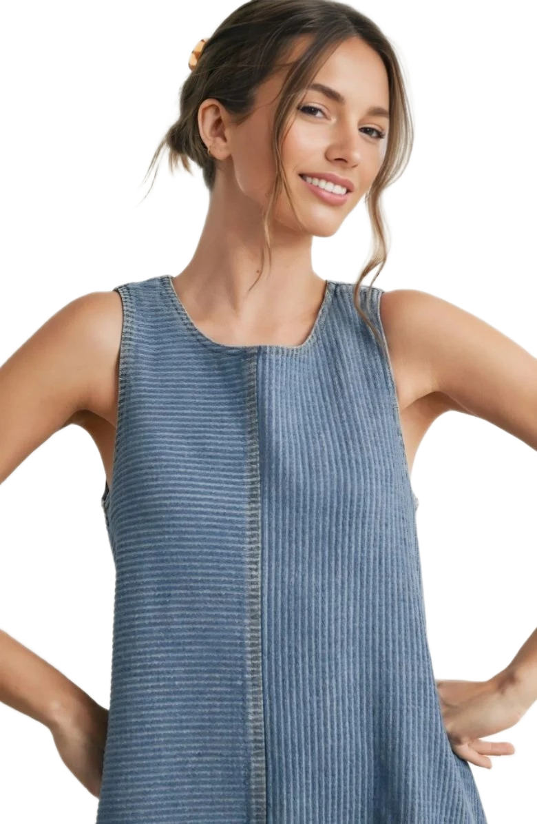 Sleeveless Denim Mini Dress with Textured Vertical Stripe Design