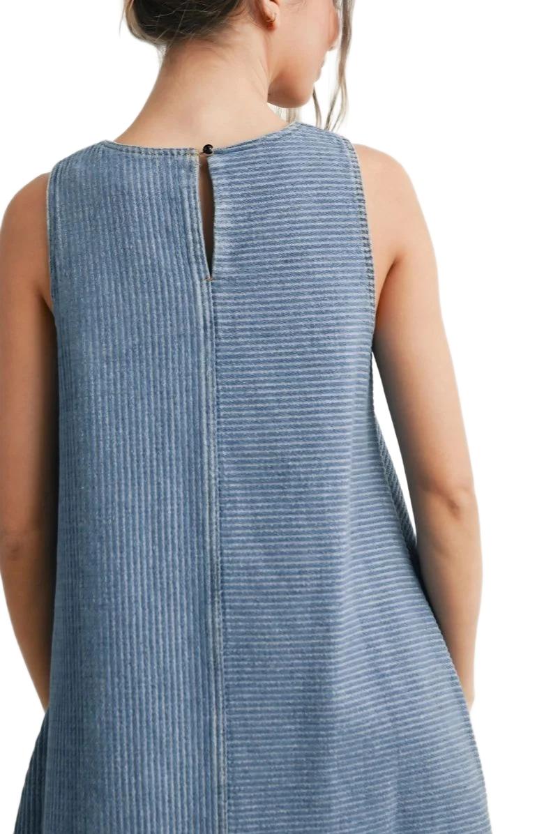 Sleeveless Denim Mini Dress with Textured Vertical Stripe Design