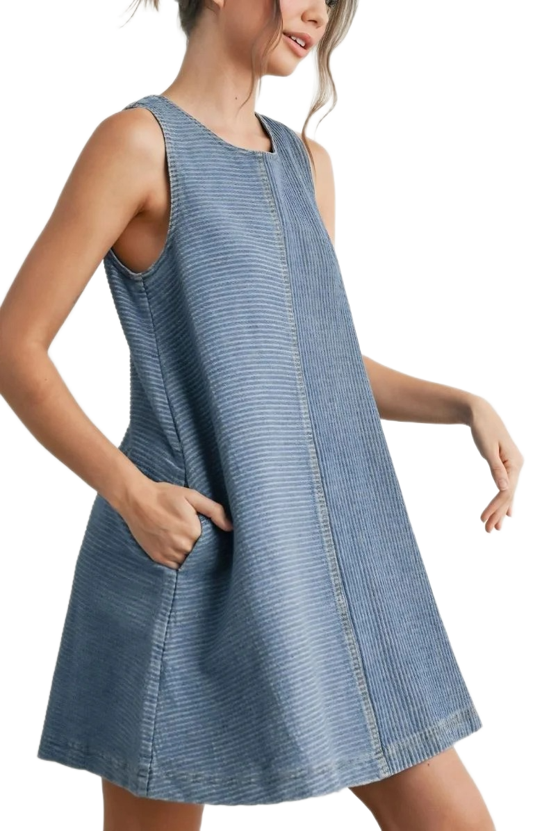 Sleeveless Denim Mini Dress with Textured Vertical Stripe Design