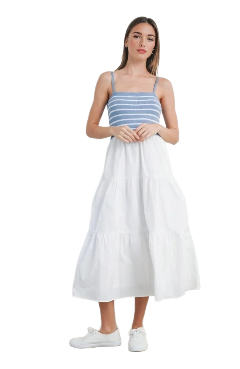 Blue and White Striped Knit Bodice Tiered Midi Dress with Spaghetti Straps