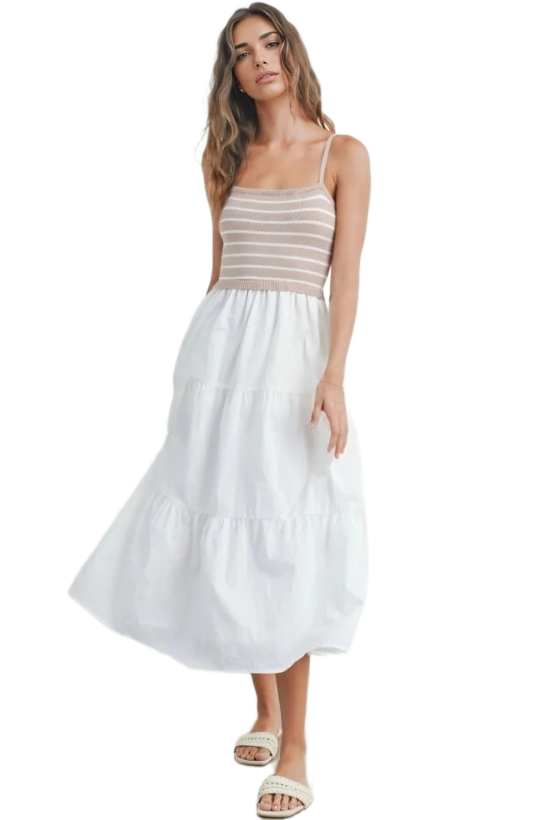 Beige and White Striped Knit Bodice Tiered Midi Dress with Spaghetti Straps