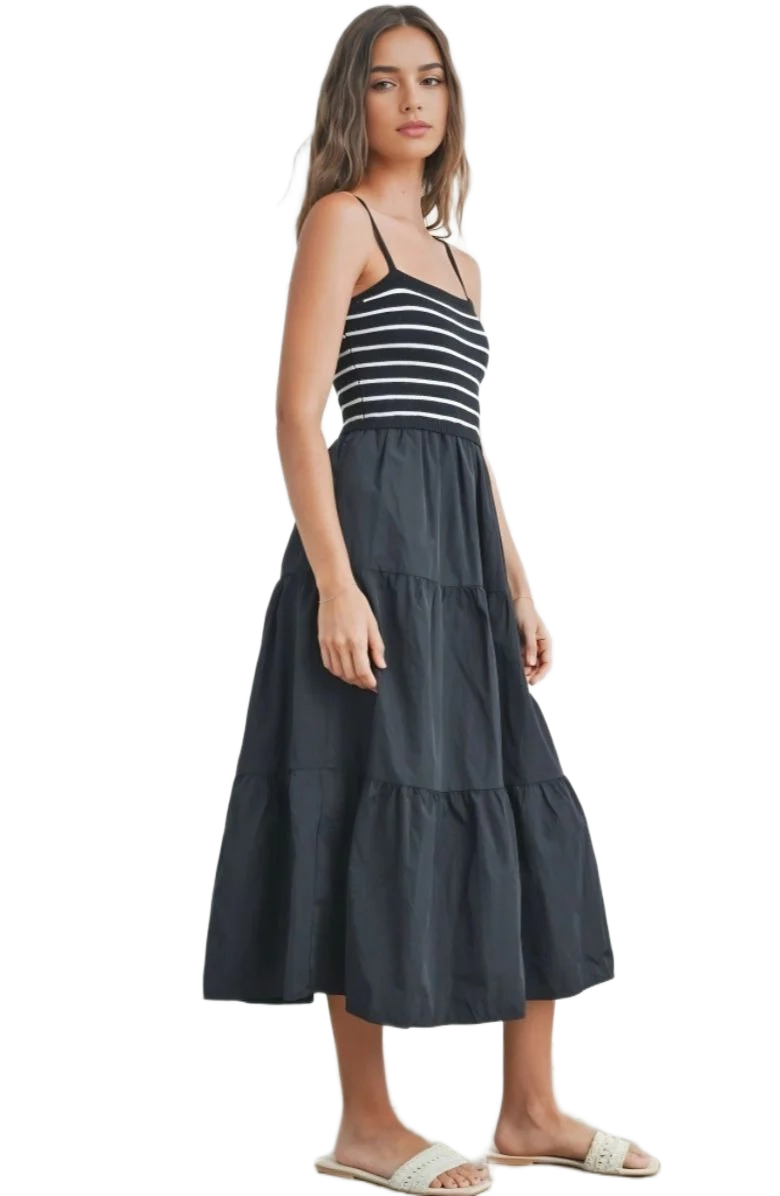 Black Striped Knit Bodice Tiered Midi Dress with Spaghetti Straps