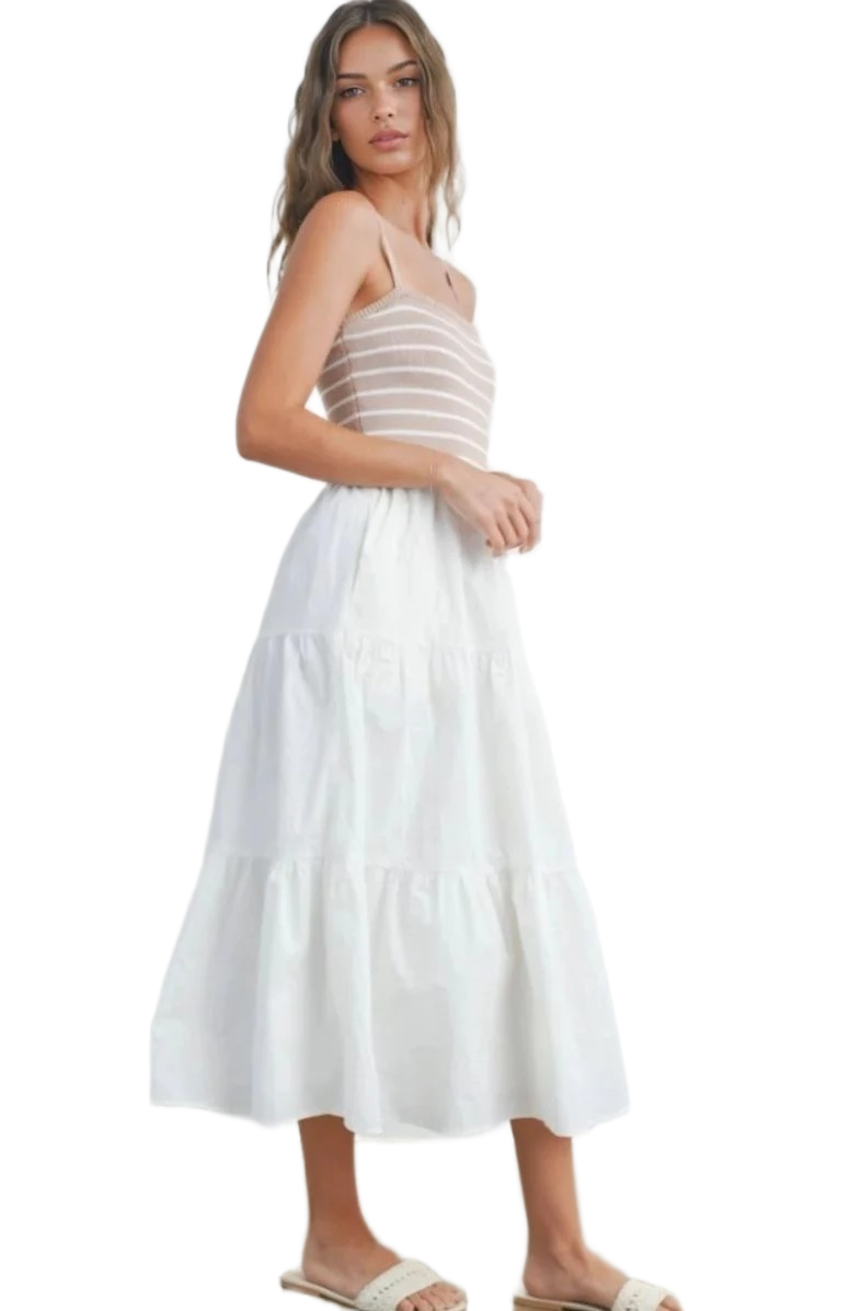 Beige and White Striped Knit Bodice Tiered Midi Dress with Spaghetti Straps