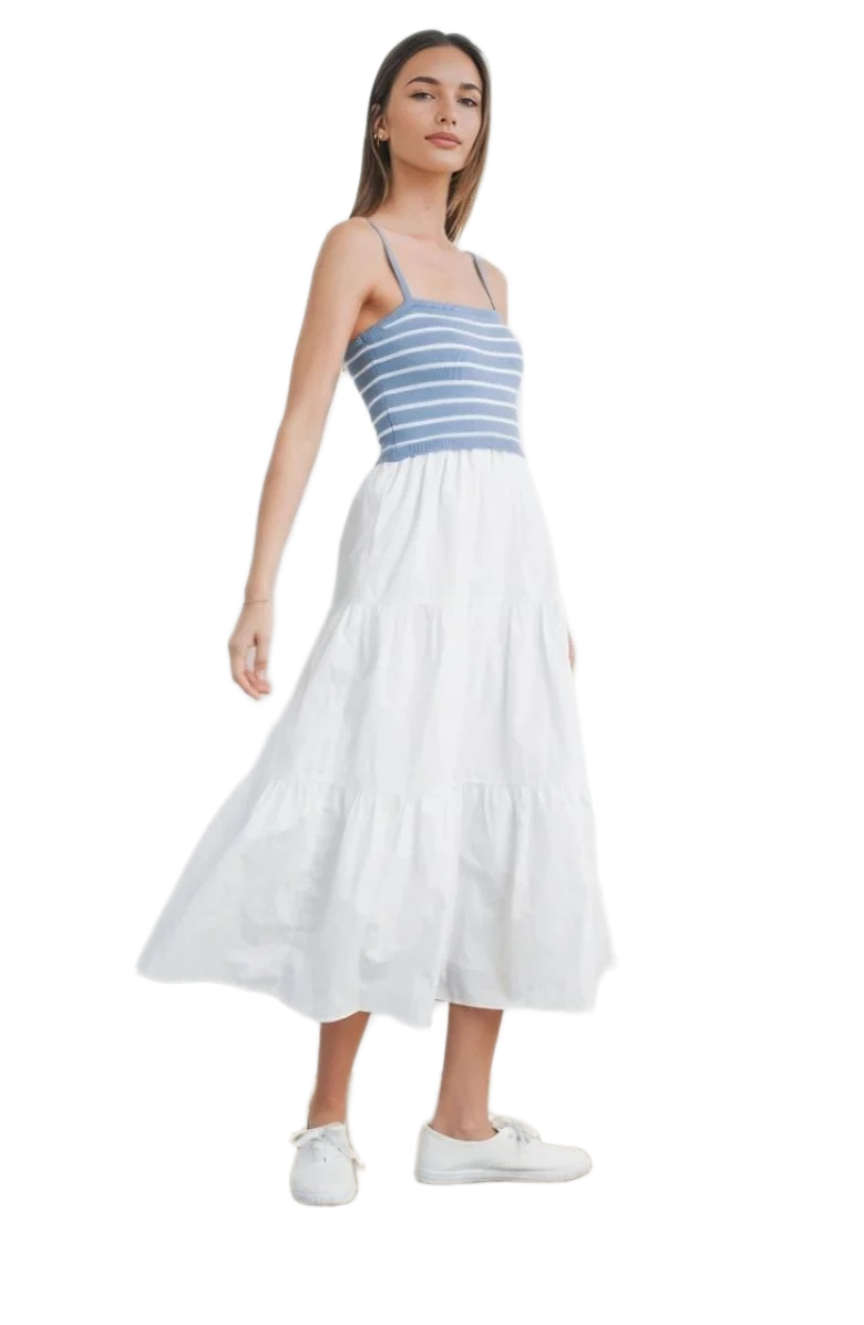 Blue and White Striped Knit Bodice Tiered Midi Dress with Spaghetti Straps