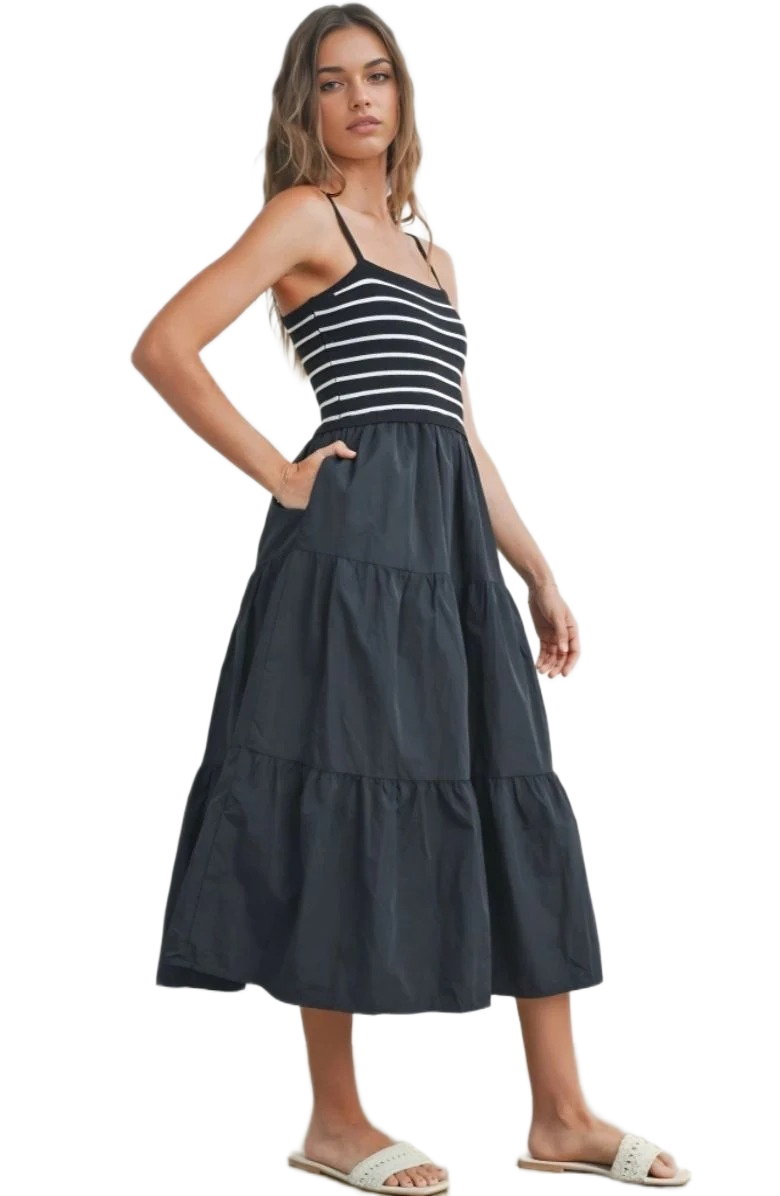 Black Striped Knit Bodice Tiered Midi Dress with Spaghetti Straps