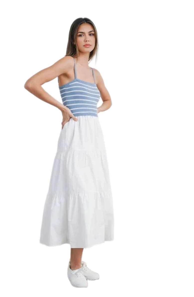 Blue and White Striped Knit Bodice Tiered Midi Dress with Spaghetti Straps