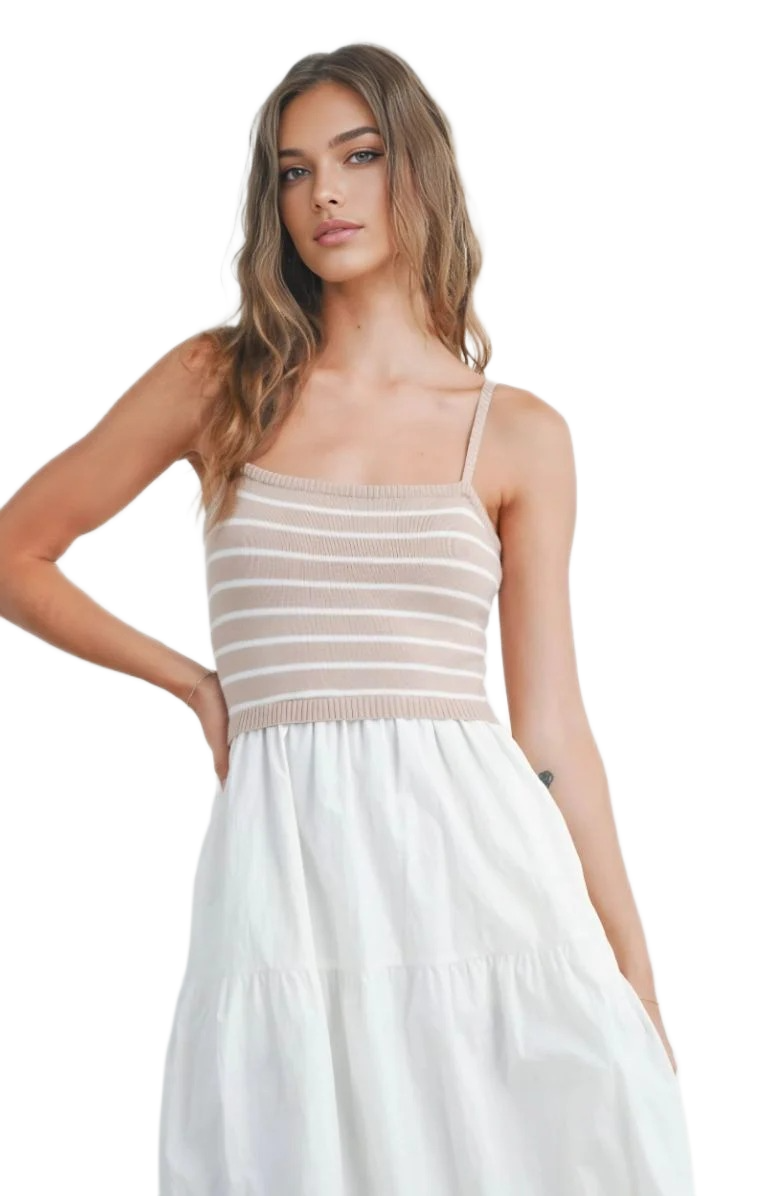 Beige and White Striped Knit Bodice Tiered Midi Dress with Spaghetti Straps
