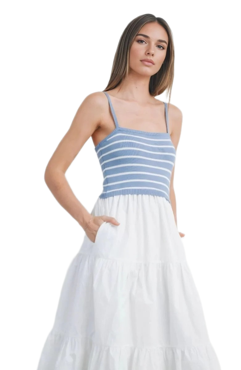 Blue and White Striped Knit Bodice Tiered Midi Dress with Spaghetti Straps
