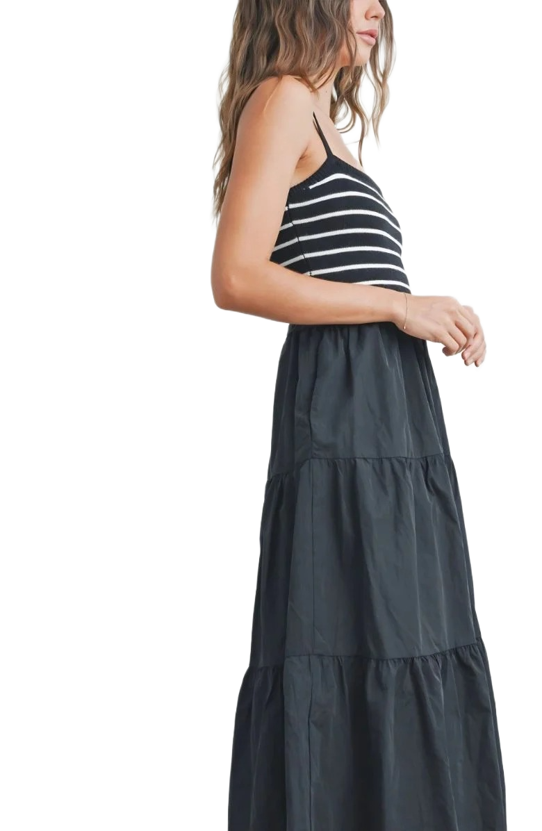 Black Striped Knit Bodice Tiered Midi Dress with Spaghetti Straps