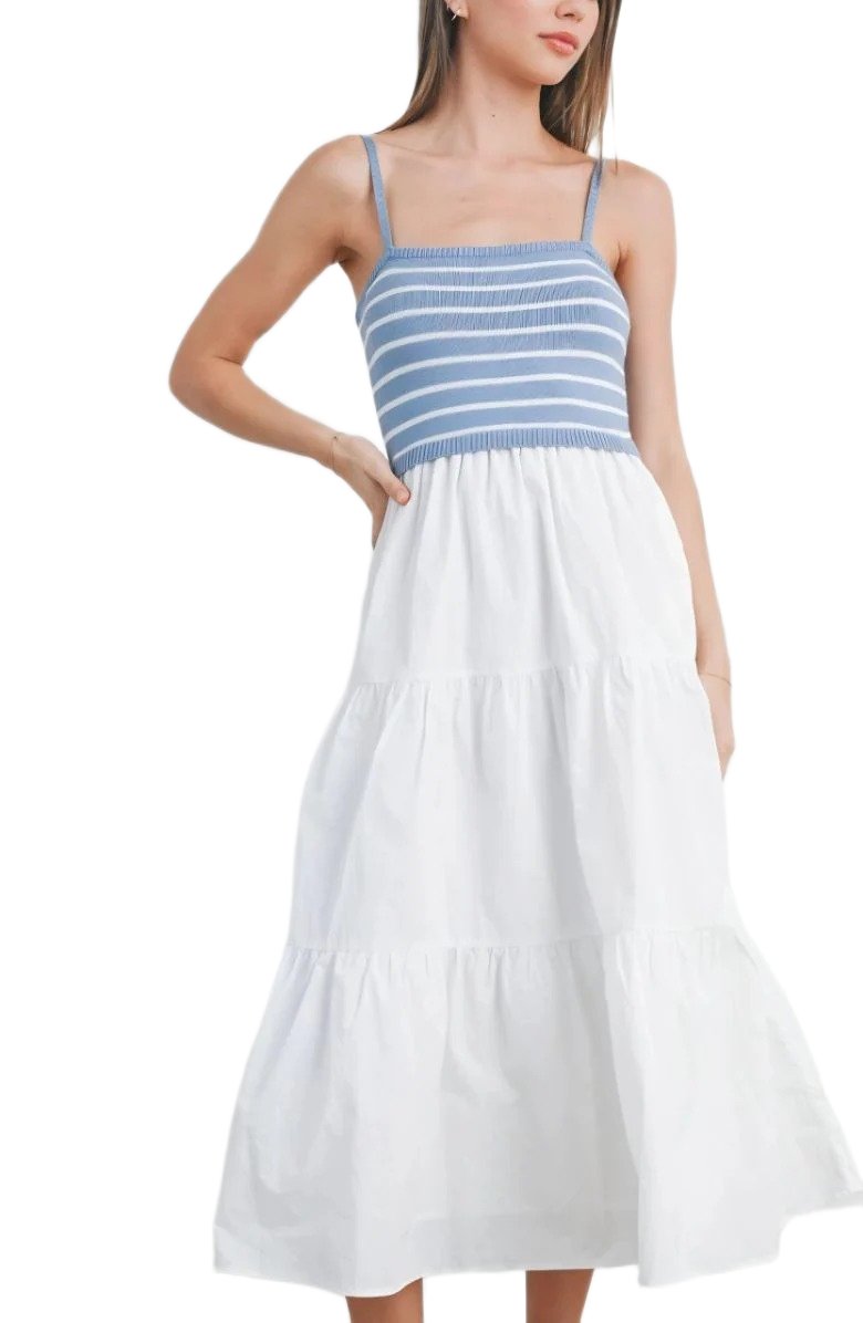Blue and White Striped Knit Bodice Tiered Midi Dress with Spaghetti Straps