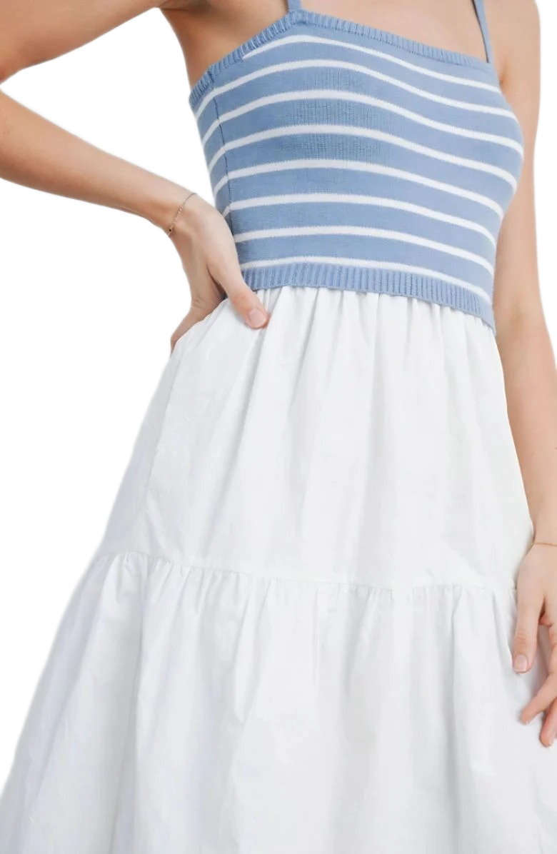 Blue and White Striped Knit Bodice Tiered Midi Dress with Spaghetti Straps