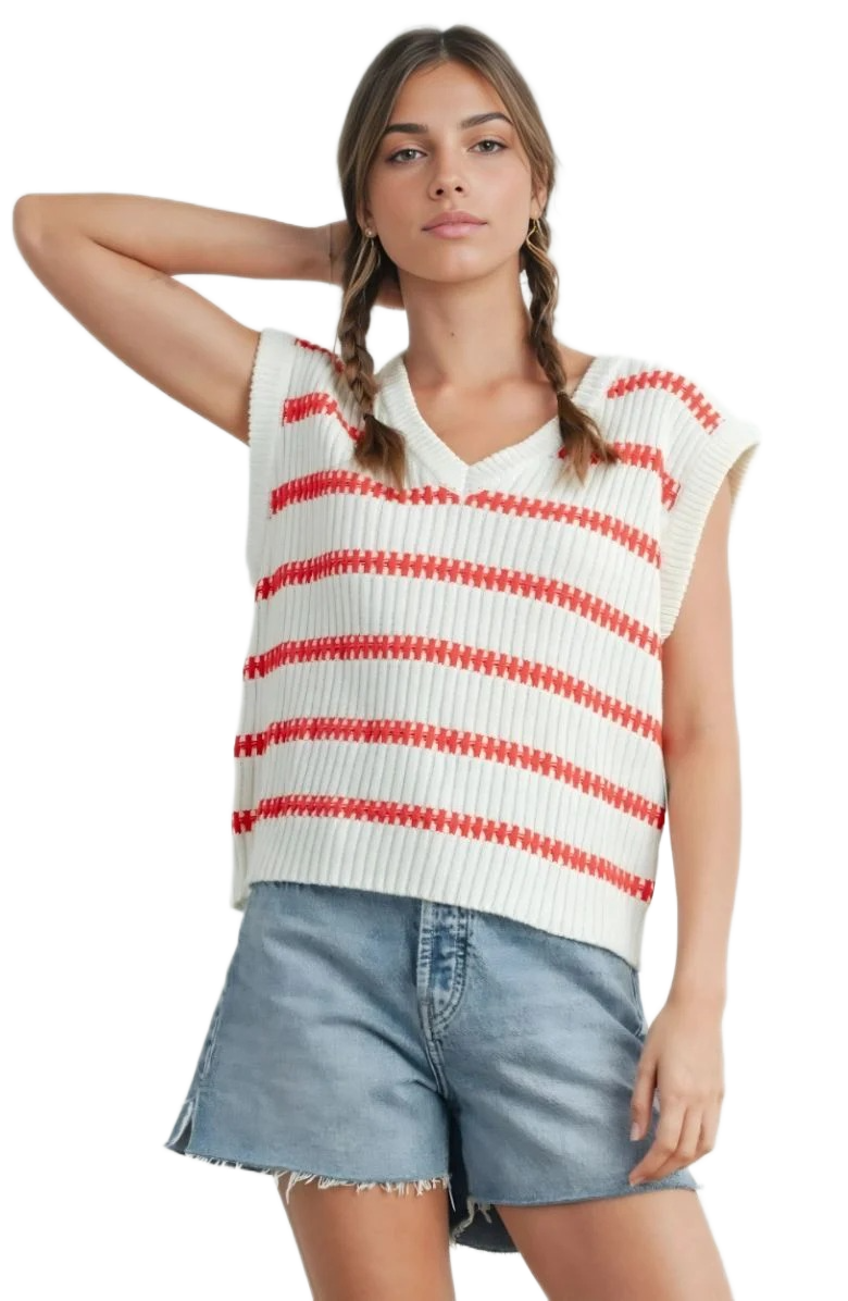 White and Red Striped Sleeveless V-Neck Knit Sweater Vest
