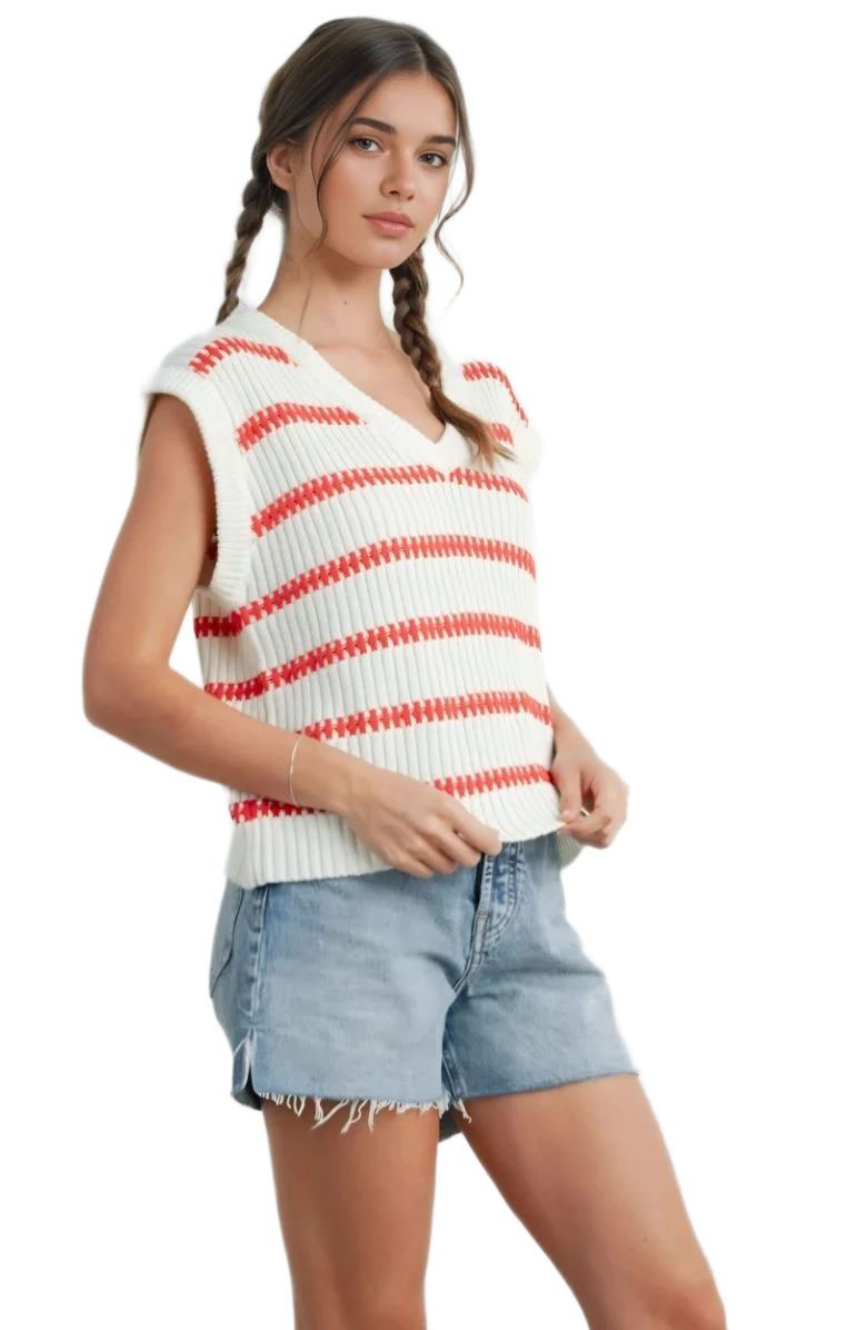 White and Red Striped Sleeveless V-Neck Knit Sweater Vest