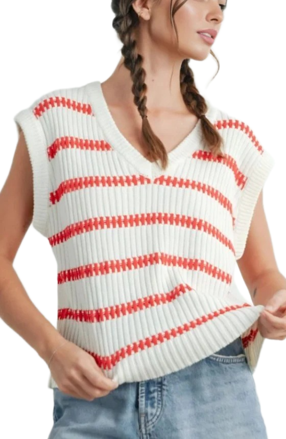White and Red Striped Sleeveless V-Neck Knit Sweater Vest