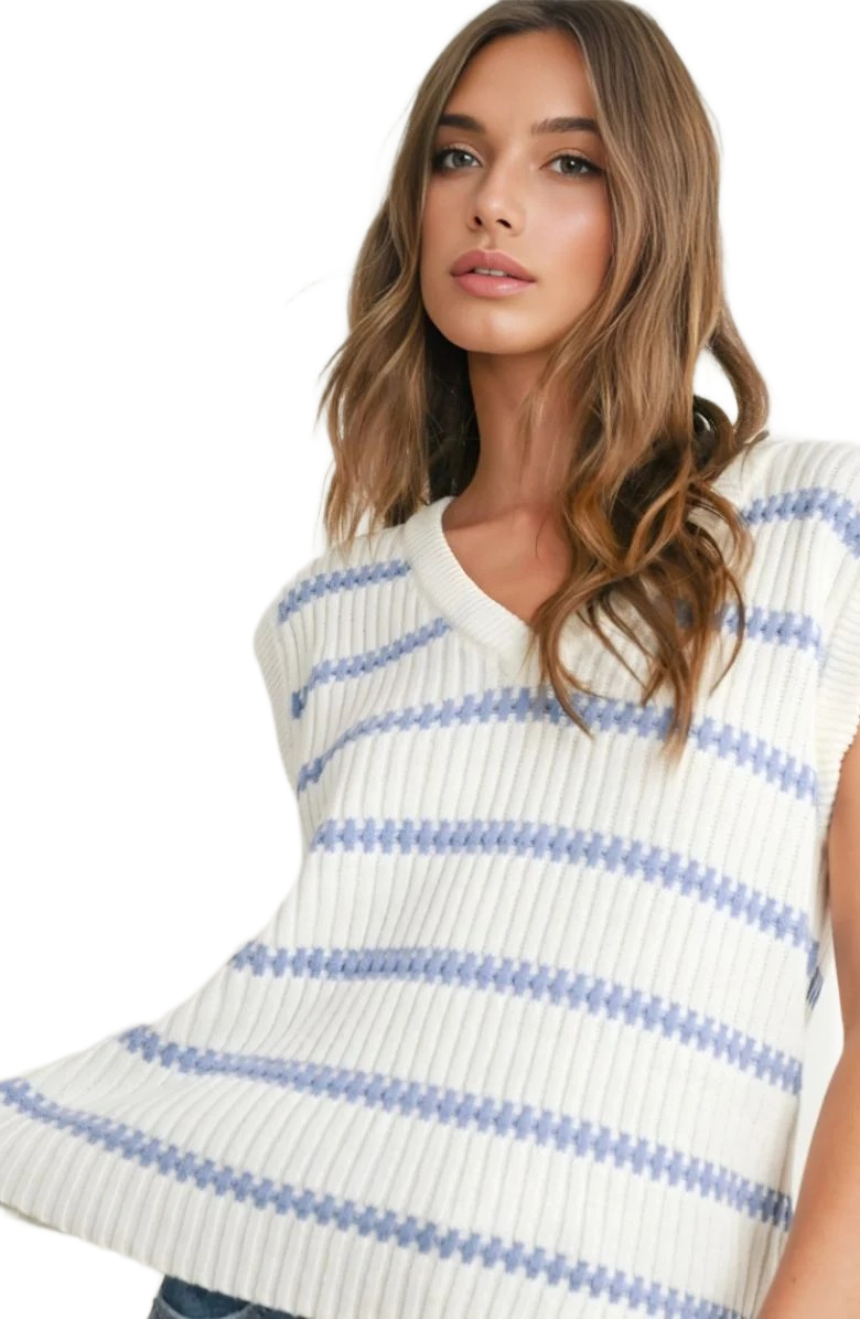 White and Blue Striped Sleeveless V-Neck Knit Sweater Vest
