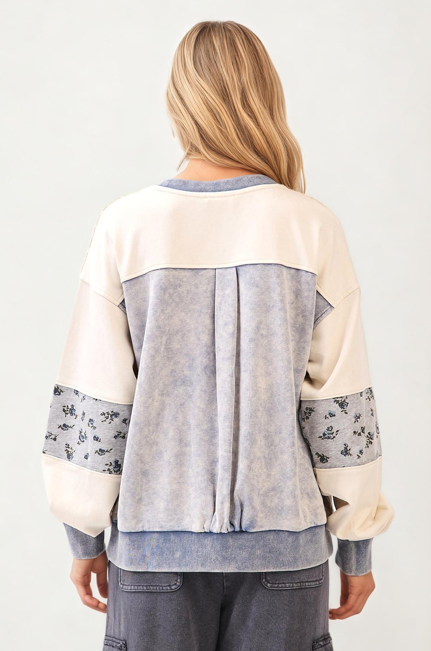 Floral Patchwork Crewneck Sweatshirt with Contrast Panels