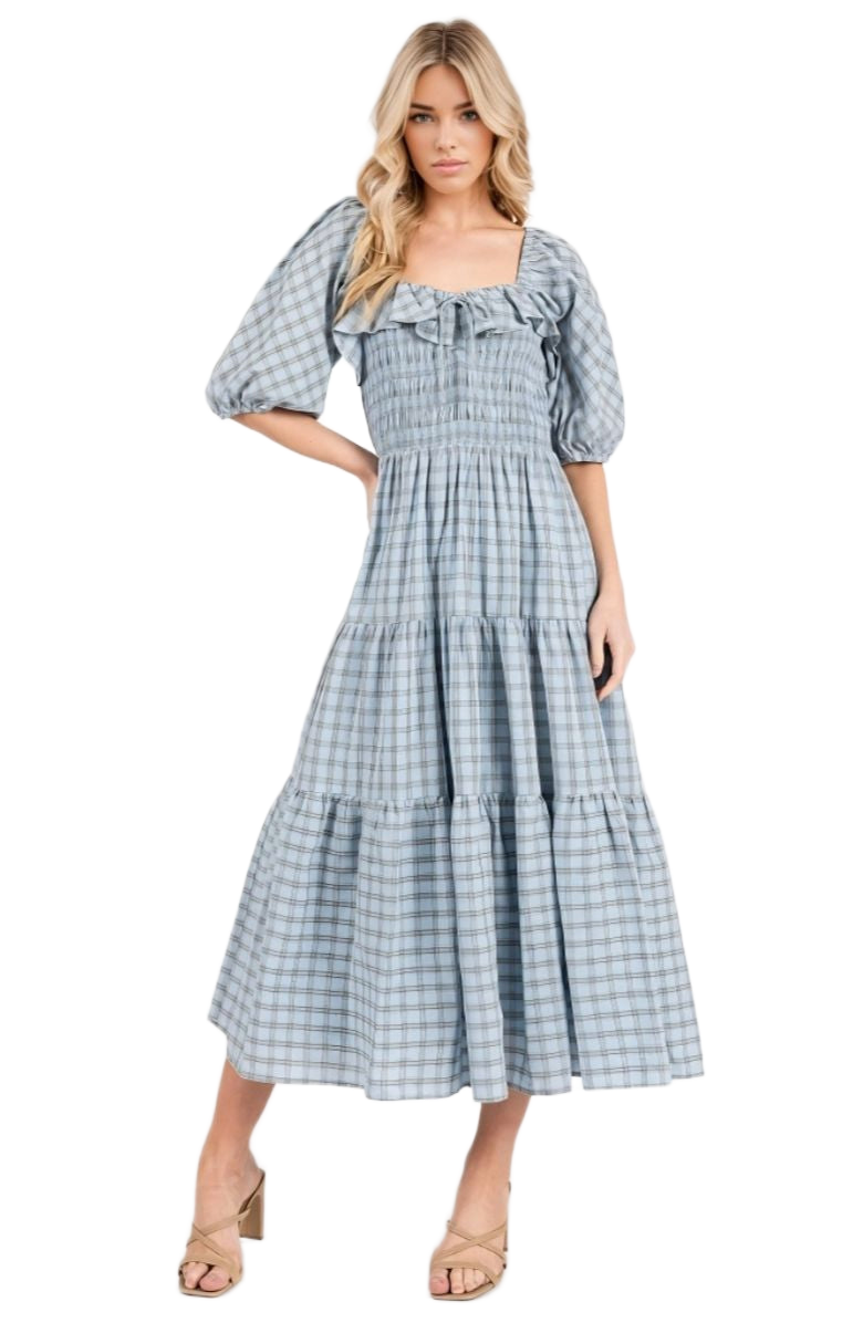Plaid Smocked Midi Dress Puff Sleeves Ruffle Neckline Tiered Skirt Soft Blue