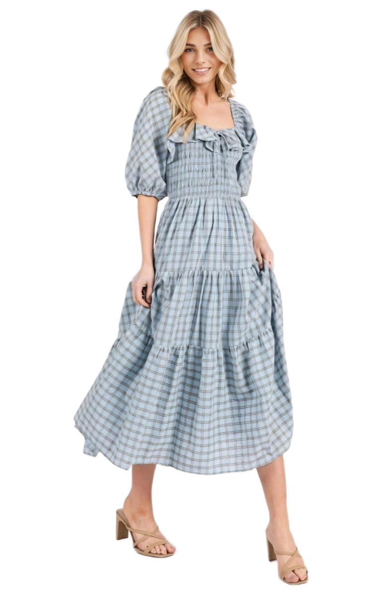 Plaid Smocked Midi Dress Puff Sleeves Ruffle Neckline Tiered Skirt Soft Blue
